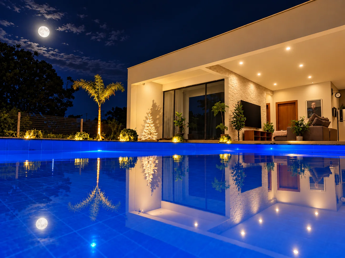 Piscina privativa e fachada da One Premium Residence ao anoitecer